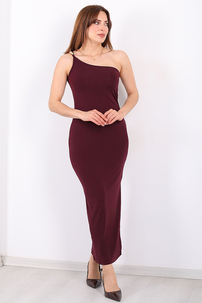 Tek Kol Aksesuarlı Yandan Yırtmaçlı Kadın Mürdüm Midi Elbise - 4