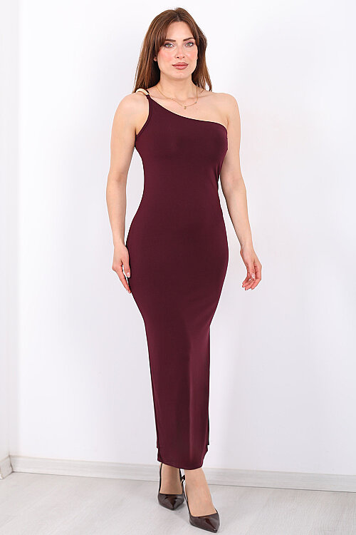 Tek Kol Aksesuarlı Yandan Yırtmaçlı Kadın Mürdüm Midi Elbise - 5