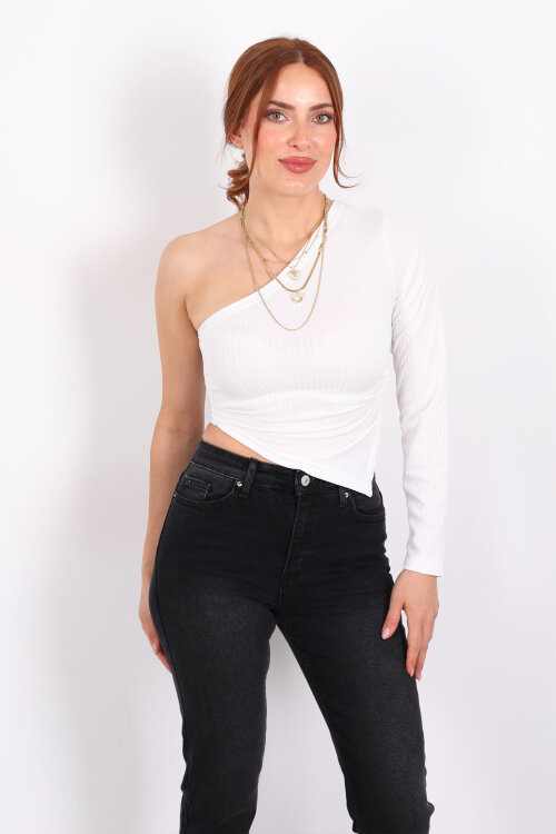 Tek Kol Beyaz Kadın Asimetrik Bluz - 6