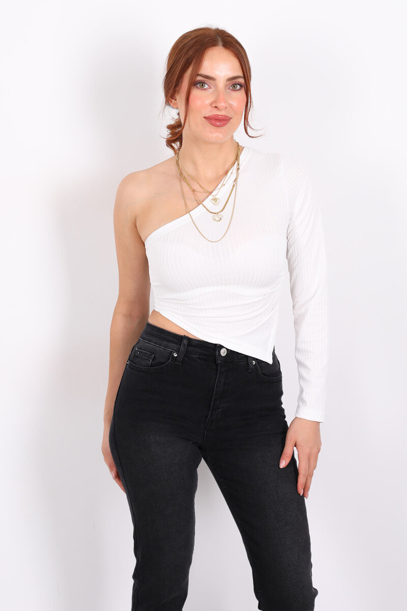 Tek Kol Beyaz Kadın Asimetrik Bluz - 6