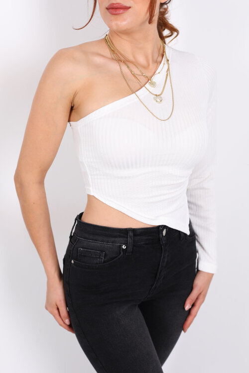 Tek Kol Beyaz Kadın Asimetrik Bluz - Berox (1)