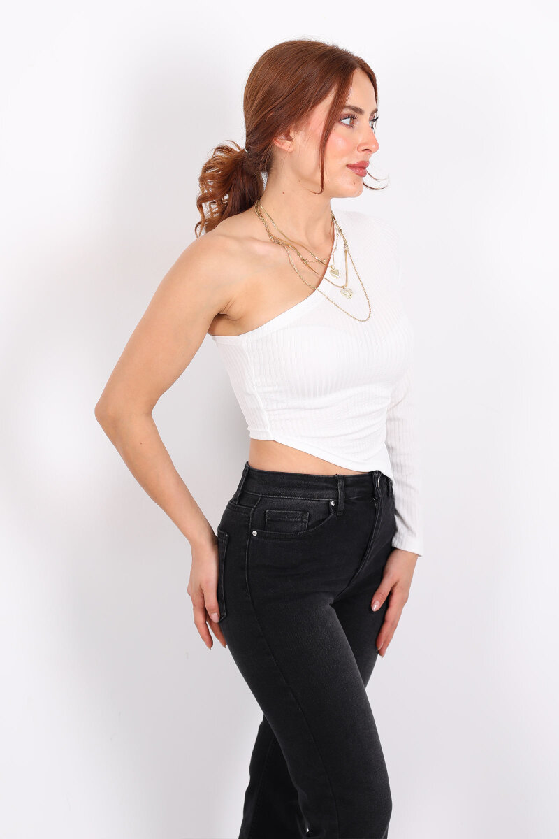 Tek Kol Beyaz Kadın Asimetrik Bluz - 4