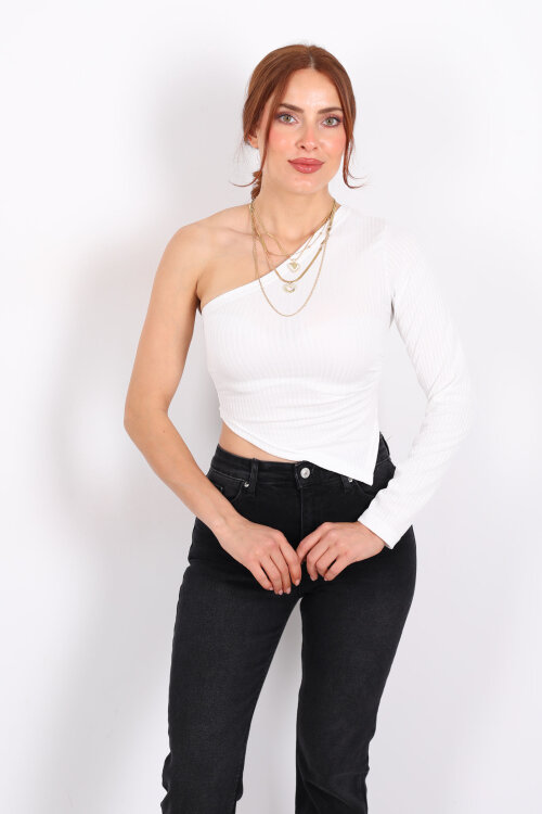 Tek Kol Beyaz Kadın Asimetrik Bluz - 3