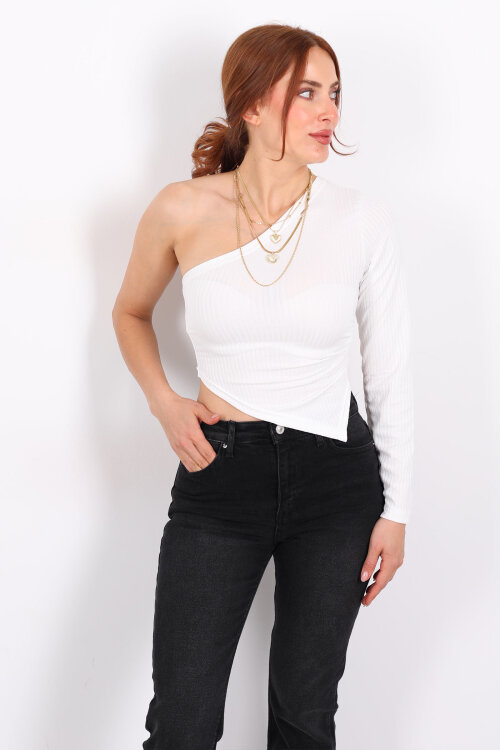 Tek Kol Beyaz Kadın Asimetrik Bluz - Berox