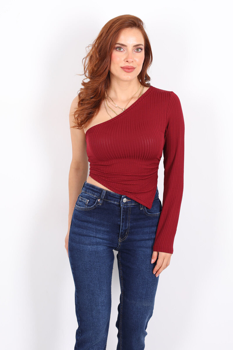 Tek Kol Bordo Kadın Asimetrik Bluz - 5