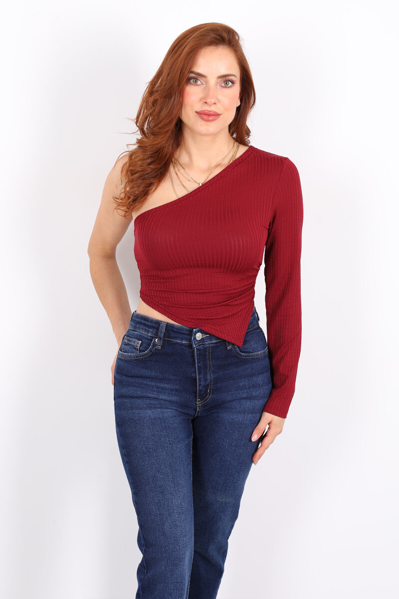Tek Kol Bordo Kadın Asimetrik Bluz - 4