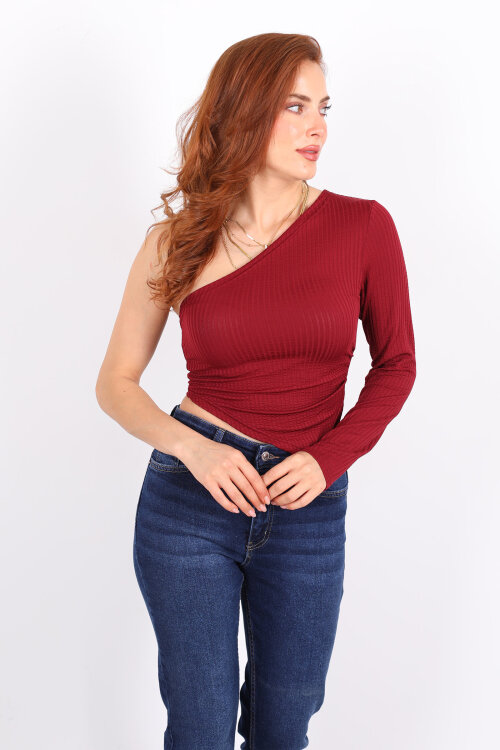 Tek Kol Bordo Kadın Asimetrik Bluz - 3