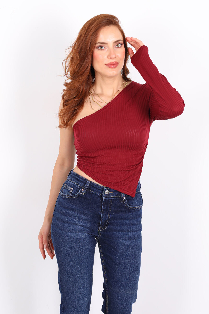 Tek Kol Bordo Kadın Asimetrik Bluz - 1