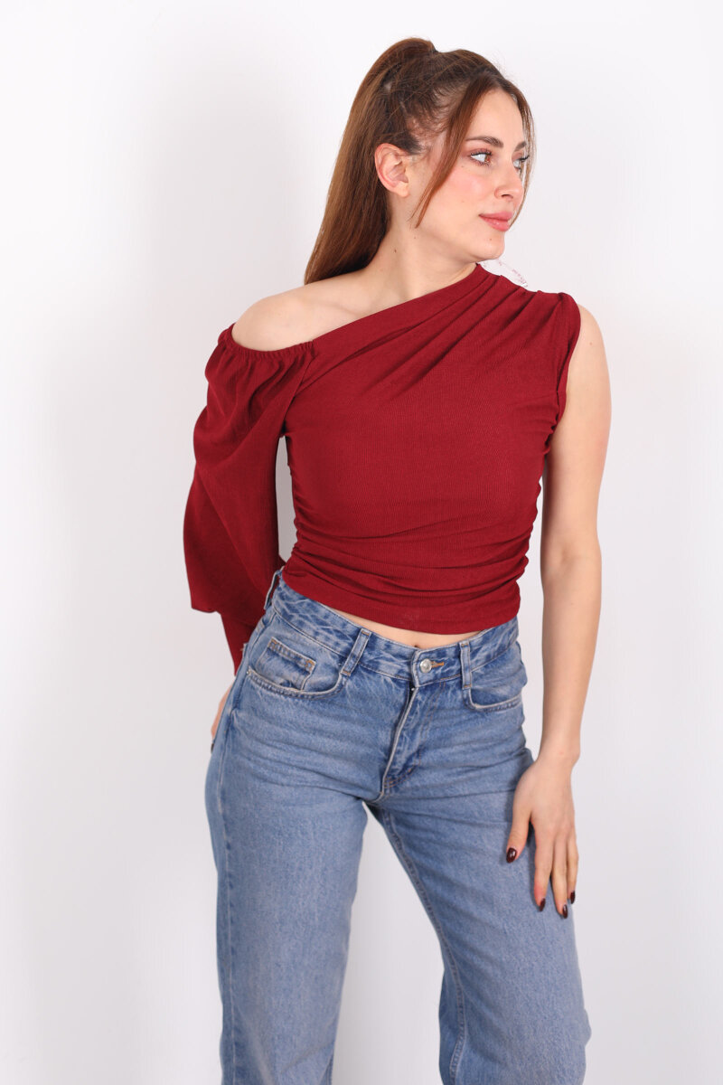 Tek Kol Düşük Omuz Bordo Kadın Bluz - 4