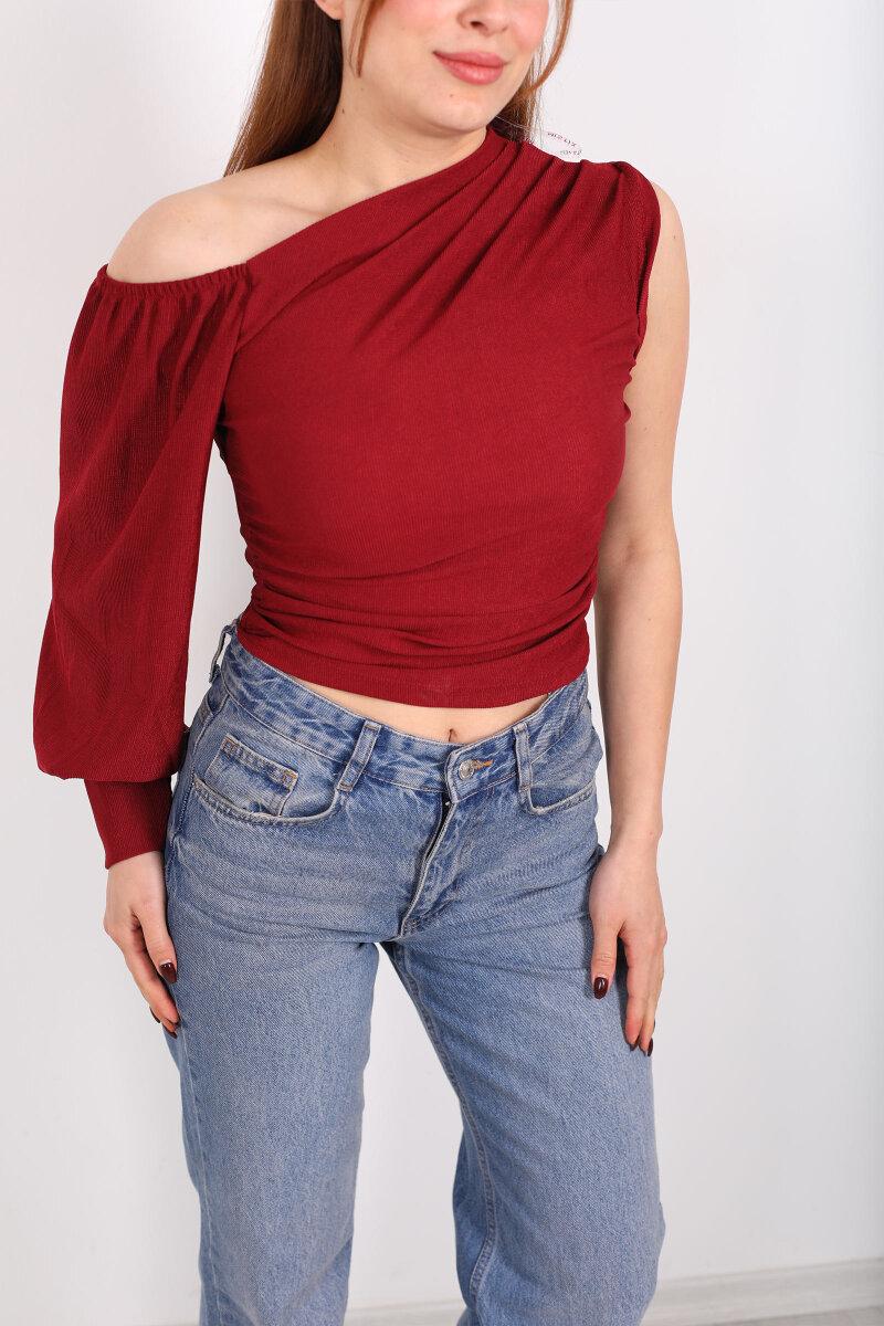 Tek Kol Düşük Omuz Bordo Kadın Bluz - 2