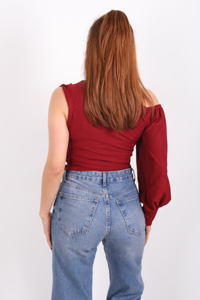 Tek Kol Düşük Omuz Bordo Kadın Bluz - 5