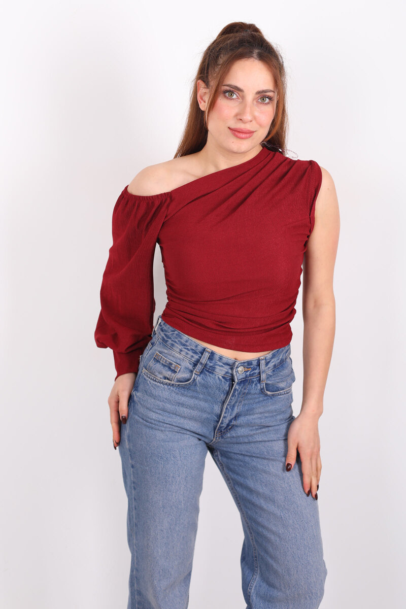 Tek Kol Düşük Omuz Bordo Kadın Bluz - 6