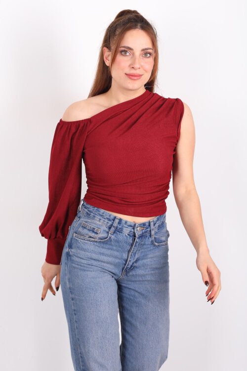Tek Kol Düşük Omuz Bordo Kadın Bluz 