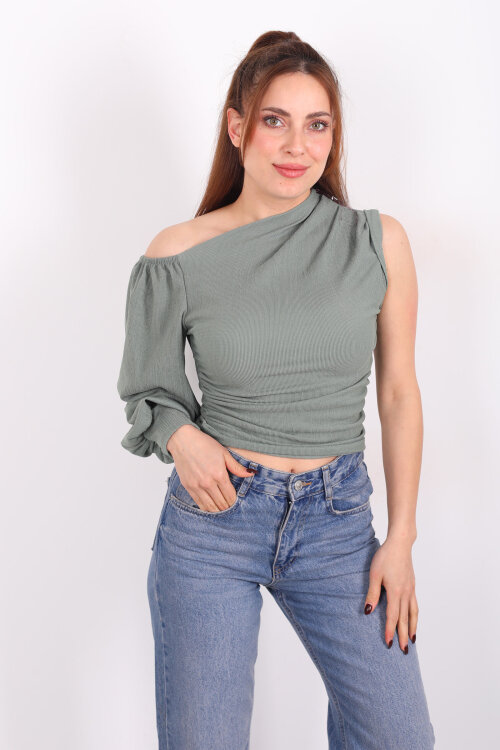 Tek Kol Düşük Omuz Çağla Yeşili Kadın Bluz - 3