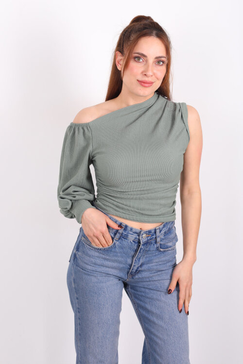 Tek Kol Düşük Omuz Çağla Yeşili Kadın Bluz - 6