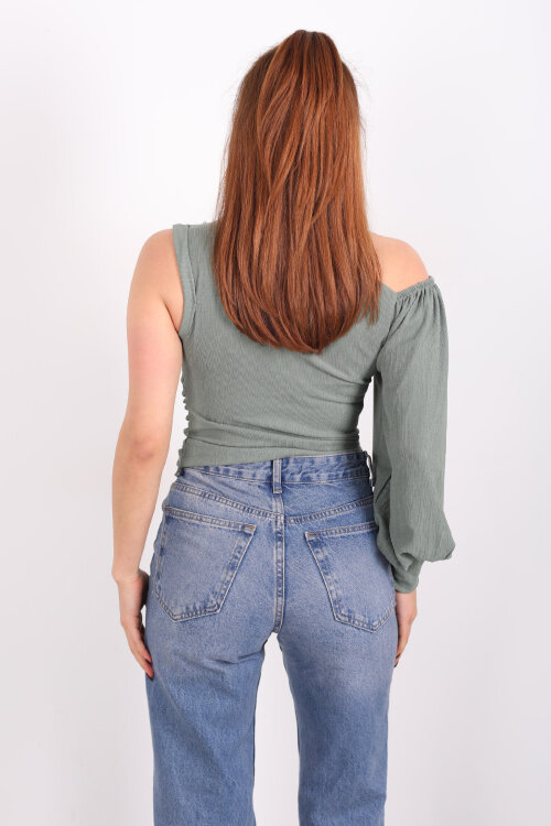 Tek Kol Düşük Omuz Çağla Yeşili Kadın Bluz - 5