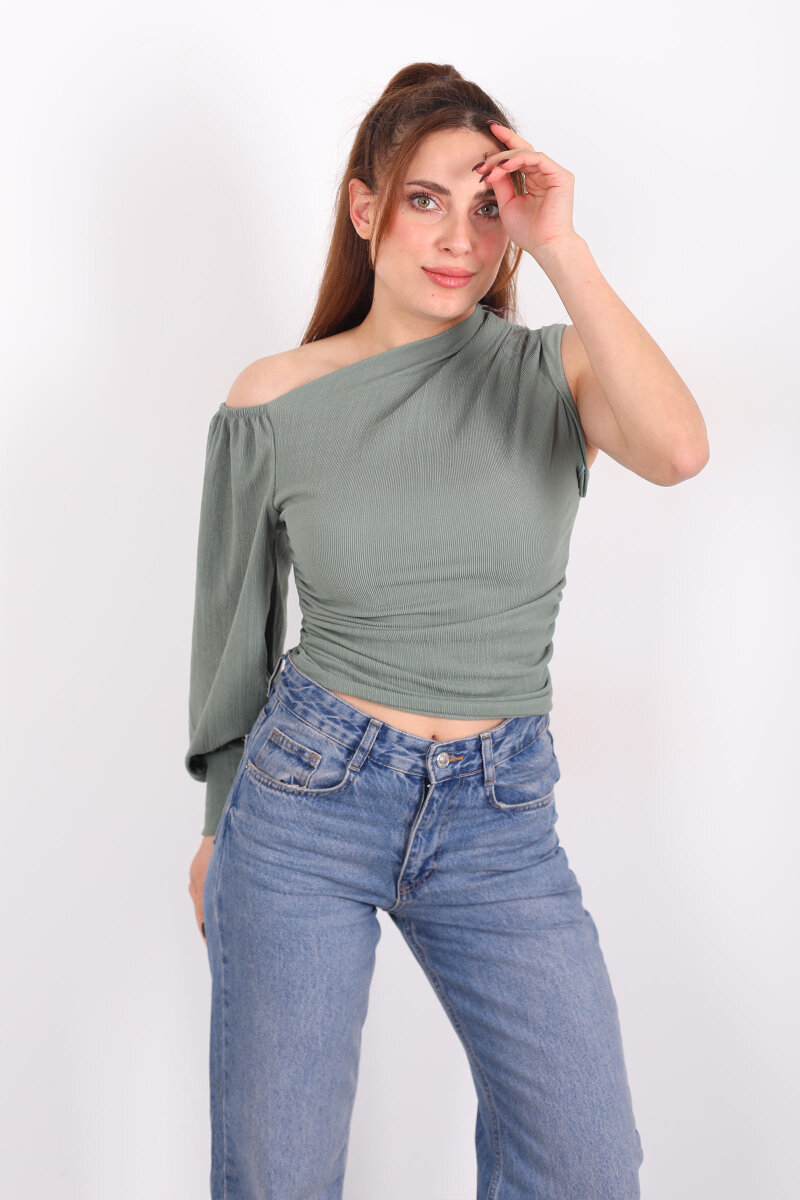 Tek Kol Düşük Omuz Çağla Yeşili Kadın Bluz - 1