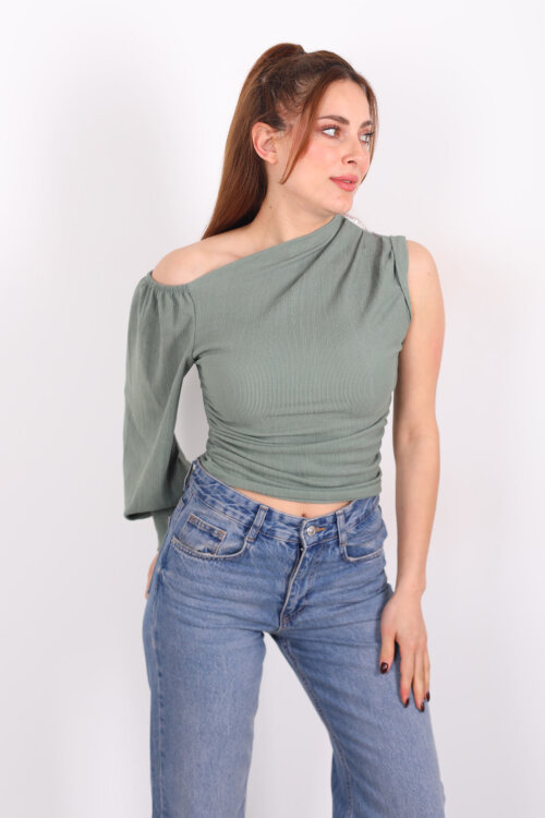 Tek Kol Düşük Omuz Çağla Yeşili Kadın Bluz - 4