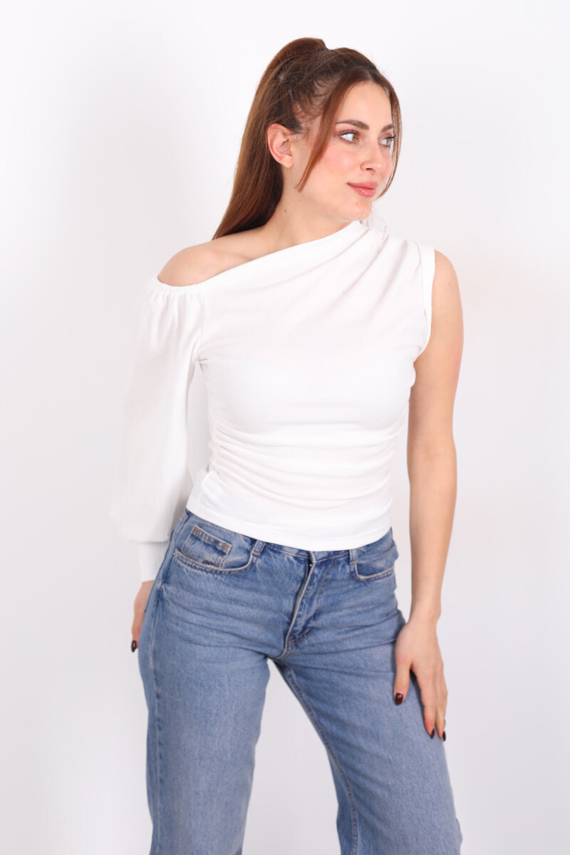Tek Kol Düşük Omuz Ekru Kadın Bluz - 6