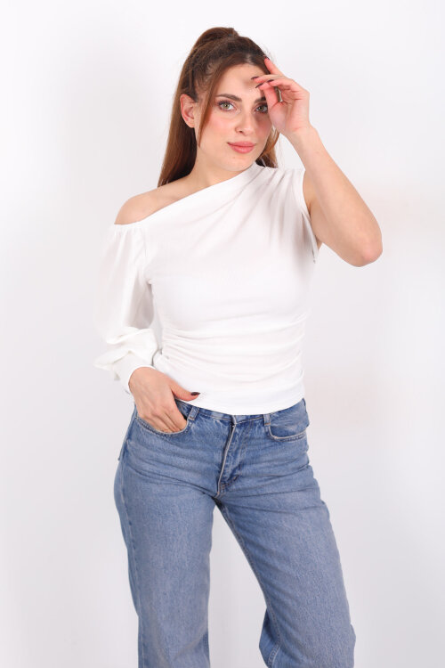 Tek Kol Düşük Omuz Ekru Kadın Bluz 