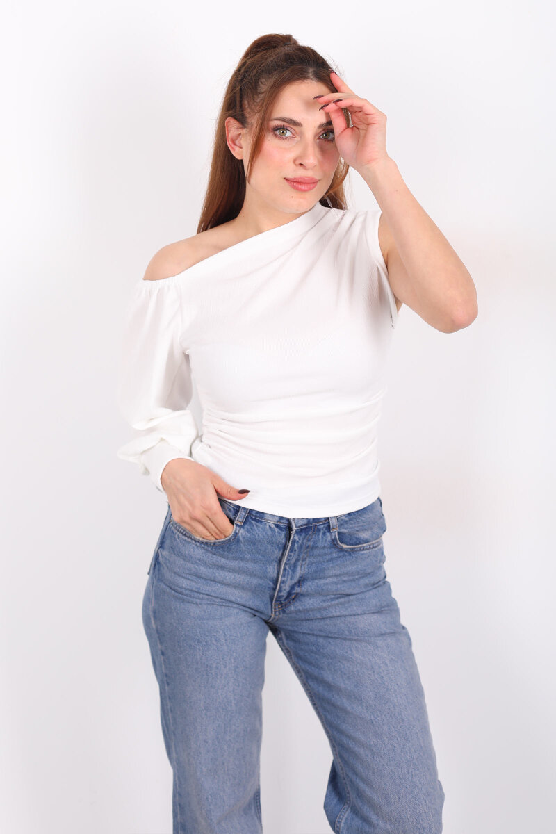 Tek Kol Düşük Omuz Ekru Kadın Bluz - 1