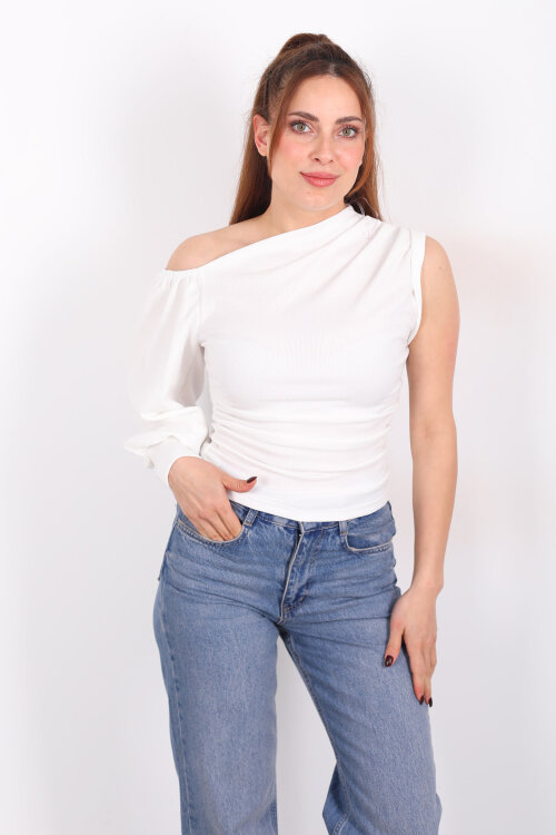 Tek Kol Düşük Omuz Ekru Kadın Bluz - 3