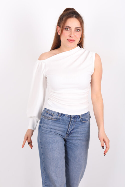 Tek Kol Düşük Omuz Ekru Kadın Bluz - 4
