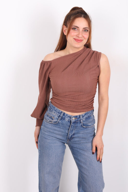 Tek Kol Düşük Omuz Kahverengi Kadın Bluz - 5