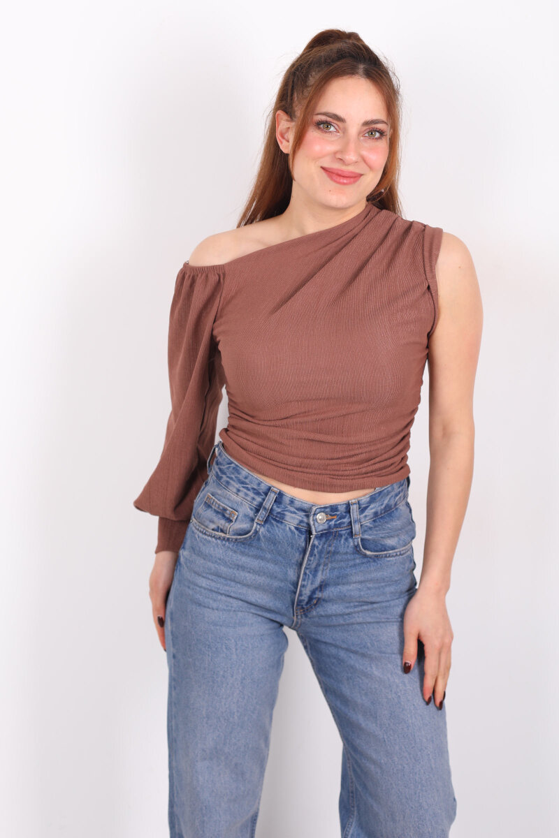 Tek Kol Düşük Omuz Kahverengi Kadın Bluz - 5