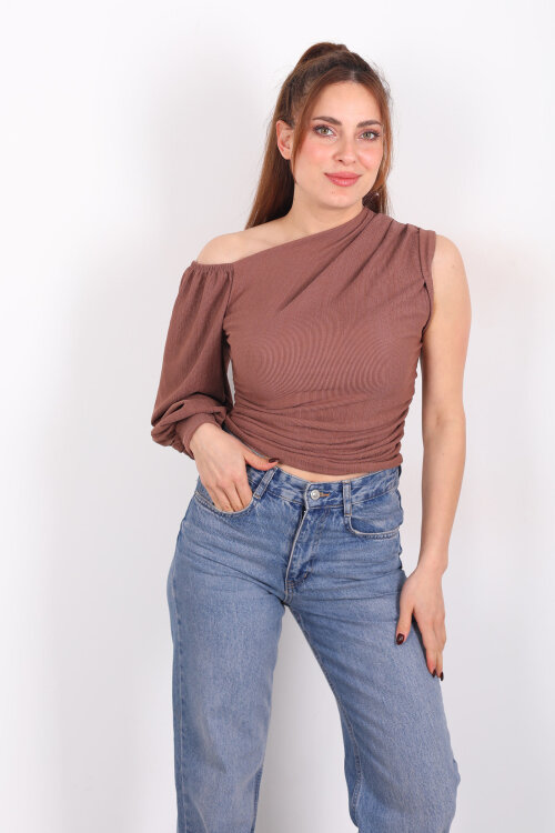 Tek Kol Düşük Omuz Kahverengi Kadın Bluz 