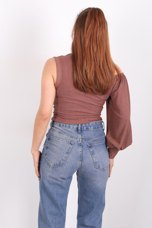 Tek Kol Düşük Omuz Kahverengi Kadın Bluz - 4