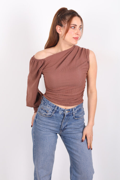 Tek Kol Düşük Omuz Kahverengi Kadın Bluz - 3