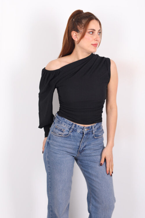 Tek Kol Düşük Omuz Siyah Kadın Bluz - 3
