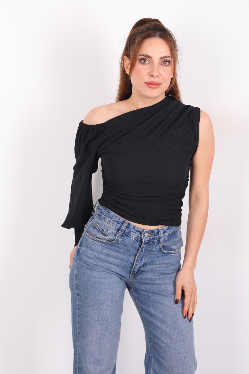 Tek Kol Düşük Omuz Siyah Kadın Bluz - 5
