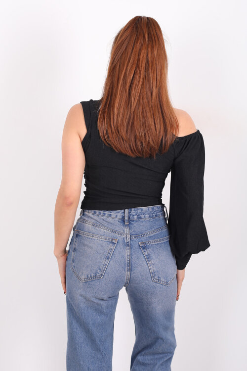Tek Kol Düşük Omuz Siyah Kadın Bluz - 4