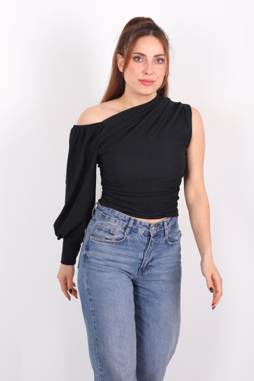 Tek Kol Düşük Omuz Siyah Kadın Bluz 