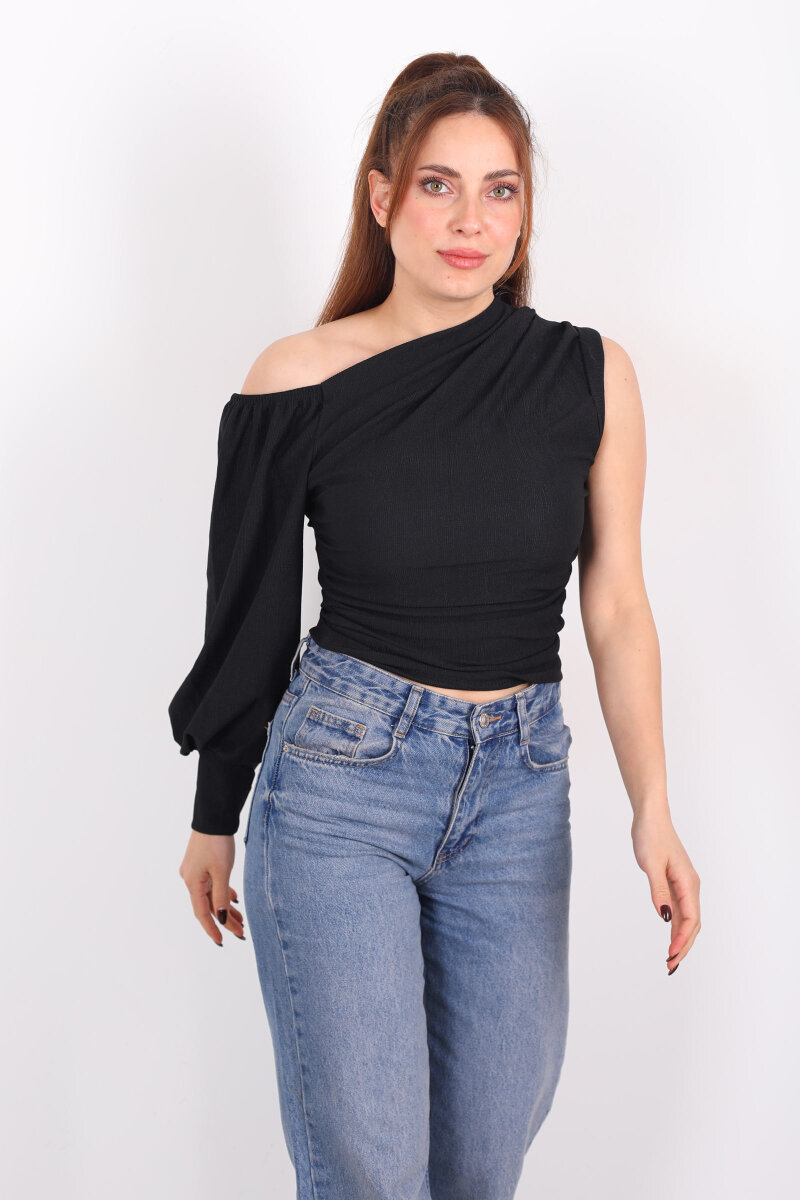 Tek Kol Düşük Omuz Siyah Kadın Bluz - 1