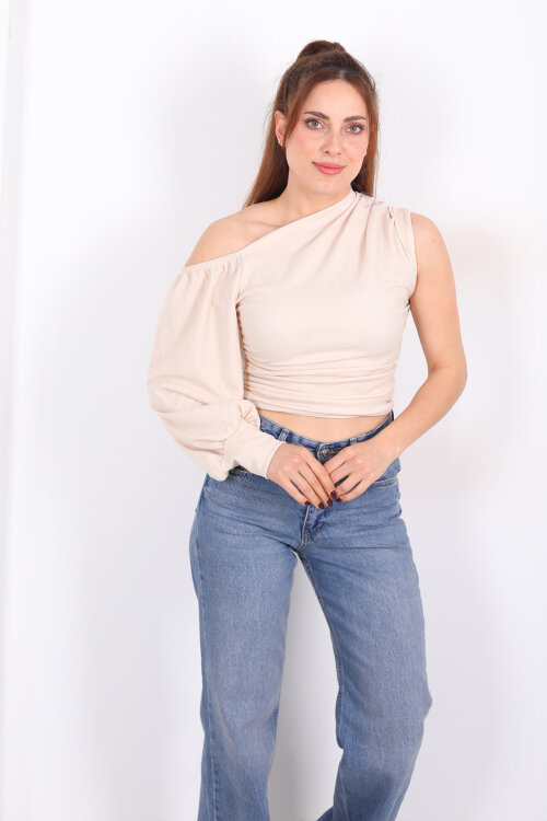 Tek Kol Düşük Omuz Taş Rengi Kadın Bluz - 3