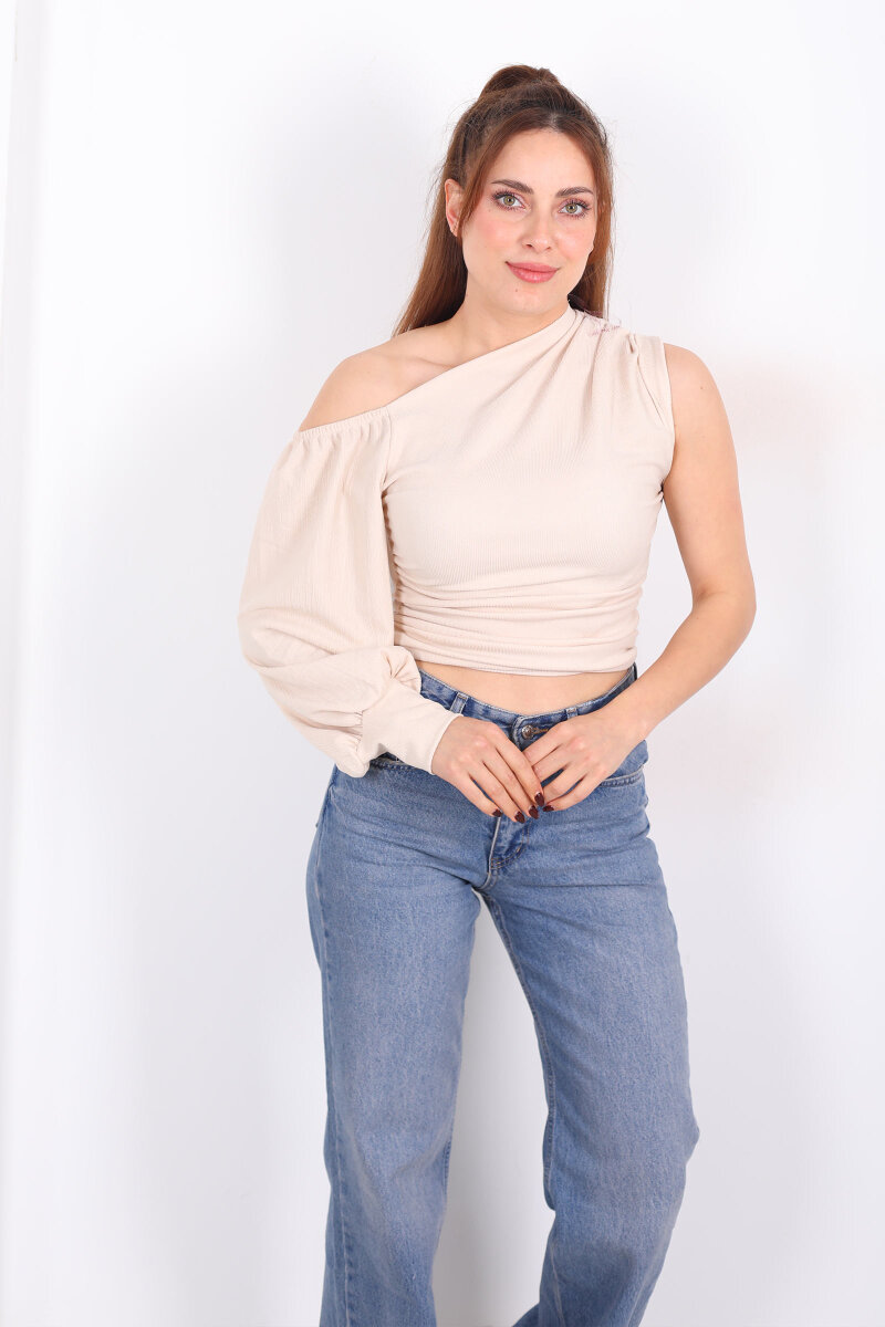 Tek Kol Düşük Omuz Taş Rengi Kadın Bluz - 3