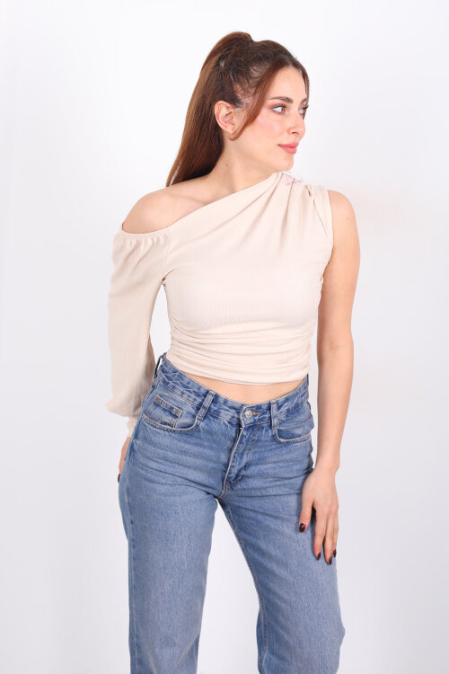 Tek Kol Düşük Omuz Taş Rengi Kadın Bluz - 5