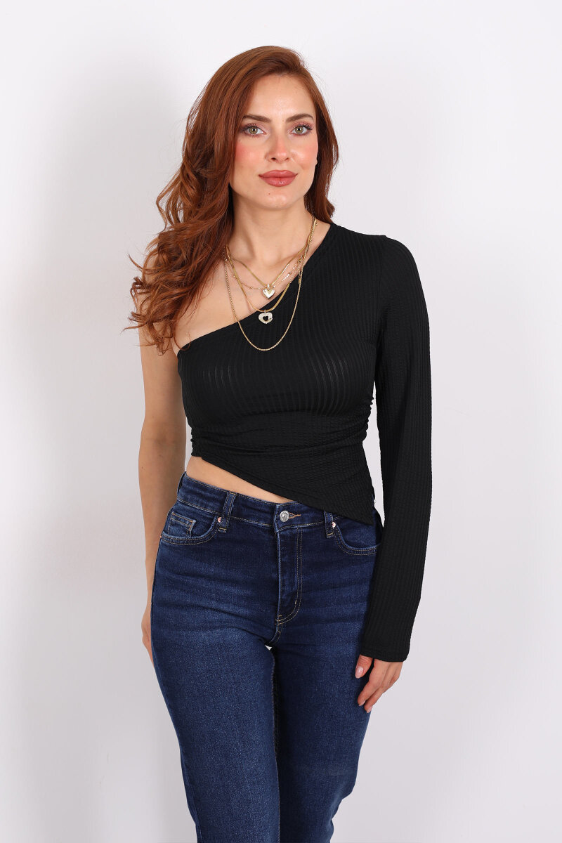 Tek Kol Siyah Kadın Asimetrik Bluz - 3