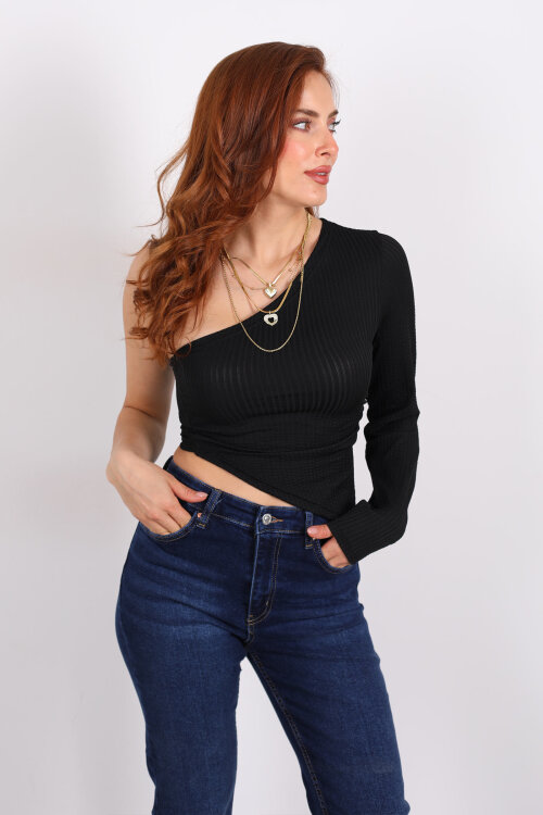 Tek Kol Siyah Kadın Asimetrik Bluz - Berox