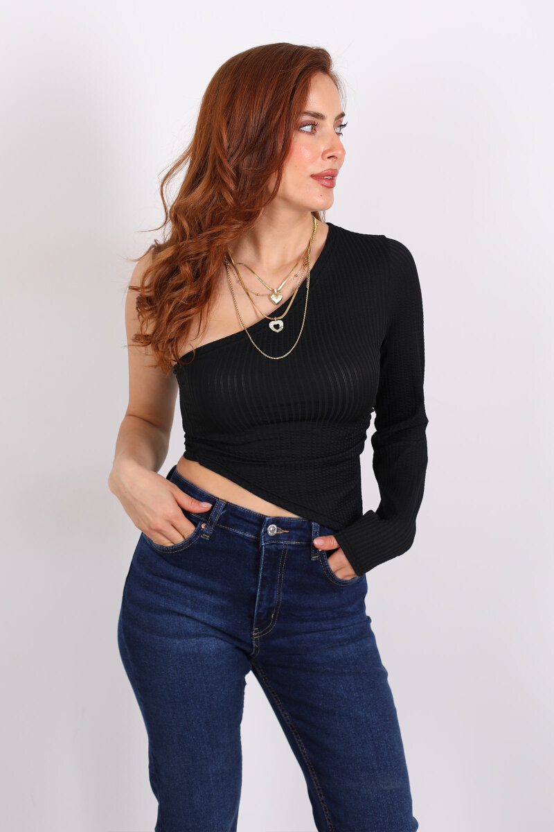 Tek Kol Siyah Kadın Asimetrik Bluz - 1