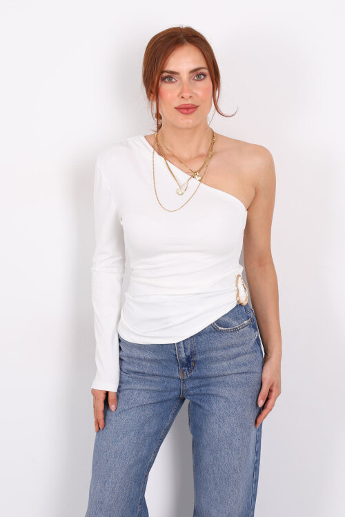 Tek Kol Toka Detaylı Beyaz Kadın Bluz - 6