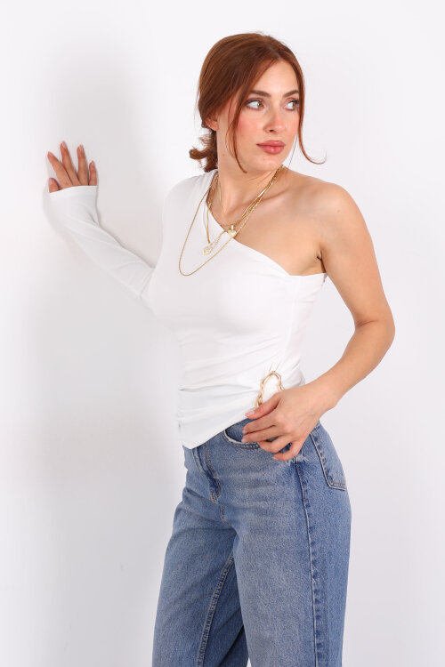 Tek Kol Toka Detaylı Beyaz Kadın Bluz - 3