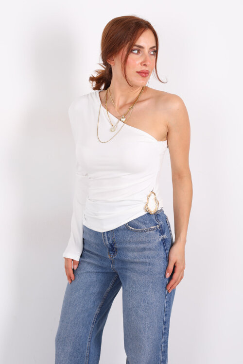 Tek Kol Toka Detaylı Beyaz Kadın Bluz - Berox