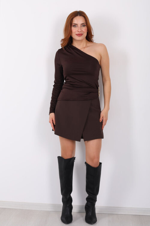 Tek Kol Toka Detaylı Kahverengi Kadın Bluz - 3