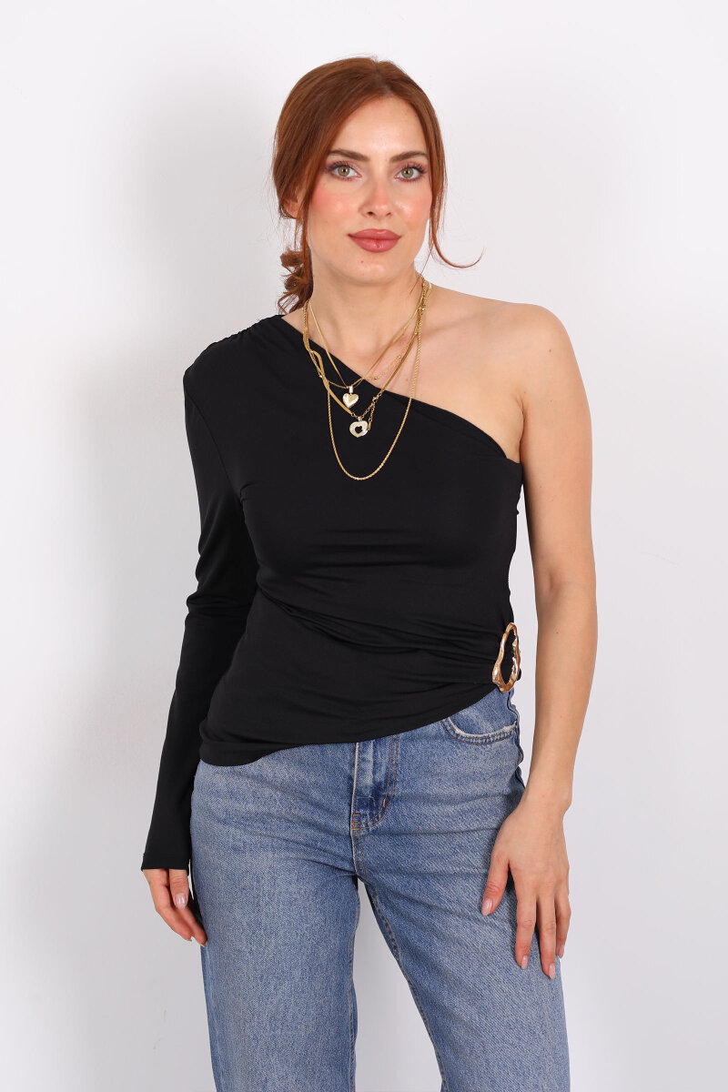 Tek Kol Toka Detaylı Siyah Kadın Bluz - 6