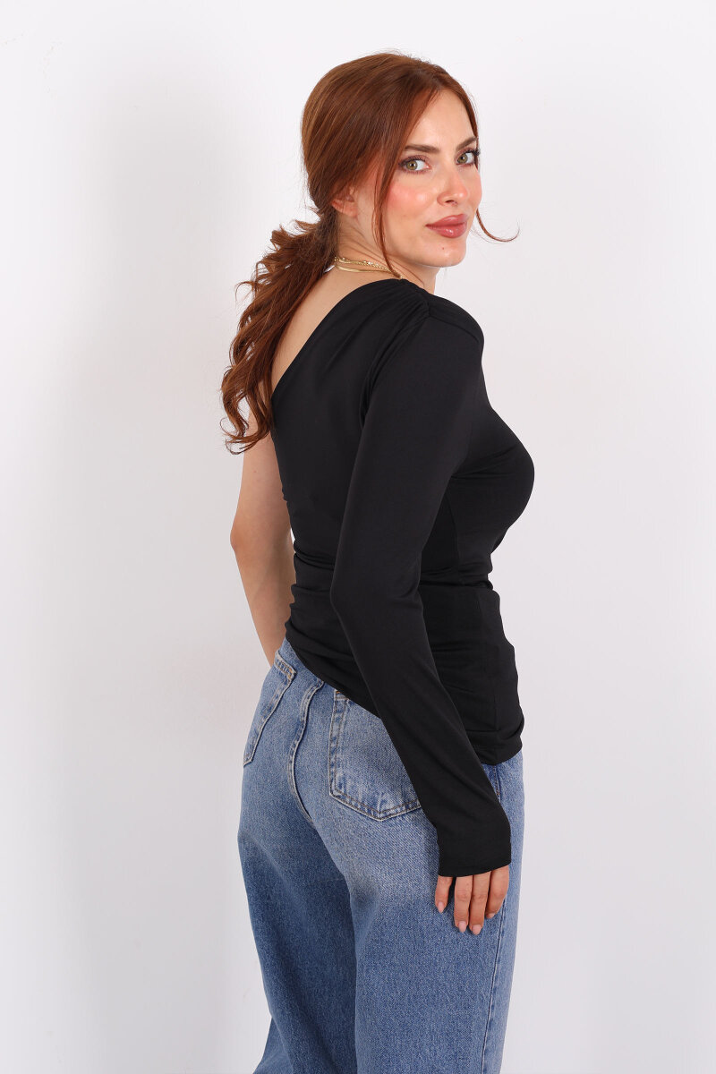 Tek Kol Toka Detaylı Siyah Kadın Bluz - 5