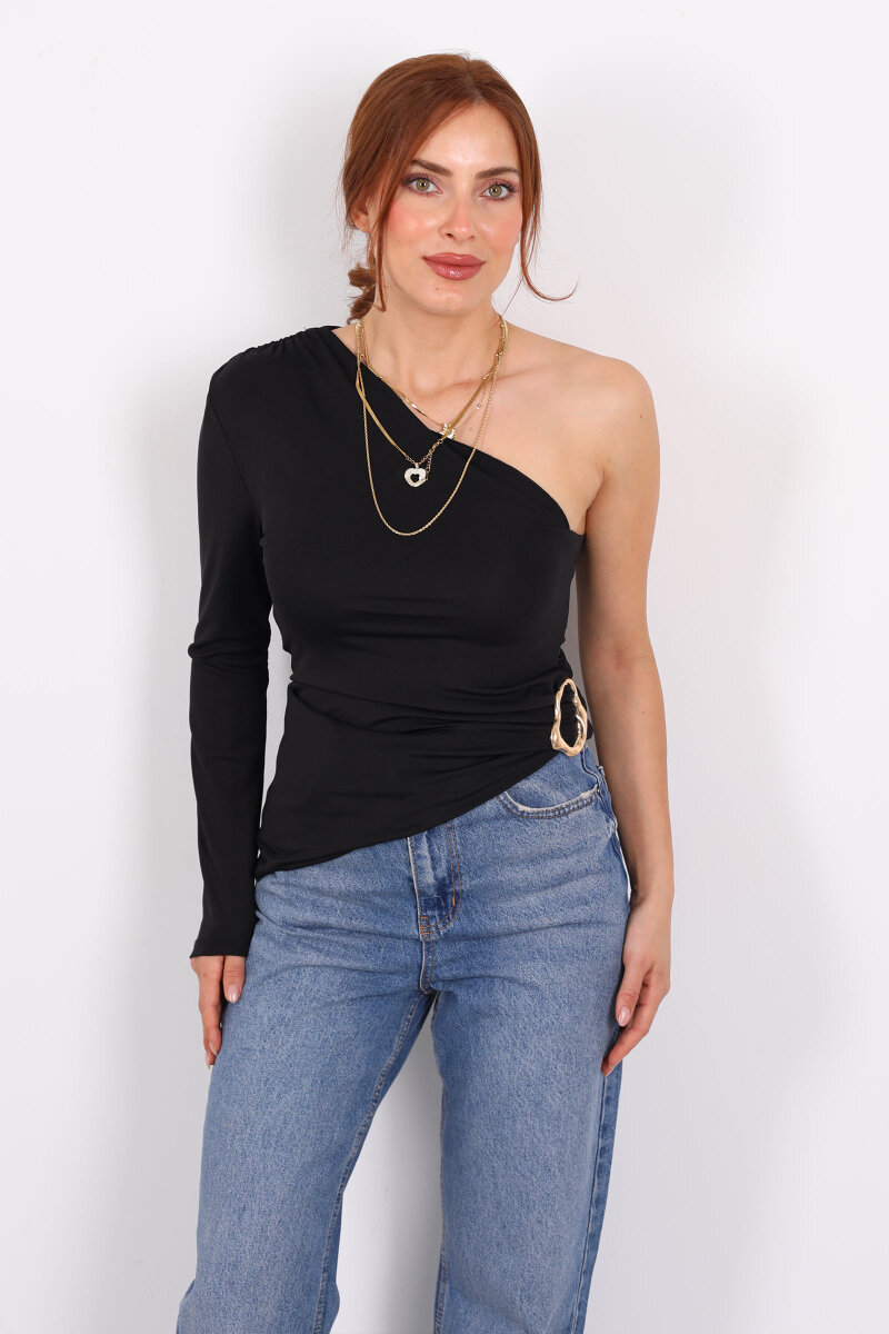 Tek Kol Toka Detaylı Siyah Kadın Bluz - 1